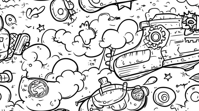 A seamless pattern of a lively steampunk adventure, including gears, brass pipes, mechanical airships, pocket watches, and vintage goggles arranged in a playful and orderly manner.