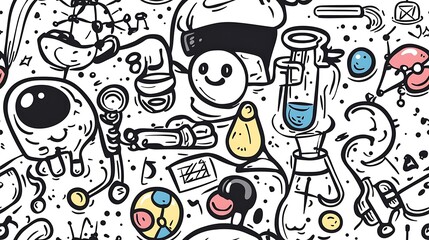 A seamless science lab doodle pattern, showing a variety of scientific tools like glass beakers, pipettes, and microscopes surrounded by atom models, chemical formulas, and bubbling liquids. Light,