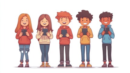 Happy Group of Kids Using Smartphones