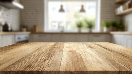 Wood table top on blur kitchen counter (room)background
