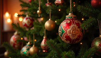 Fototapeta premium Victorian Christmas ornaments, festive cheer, decorating tree with elaborate baubles