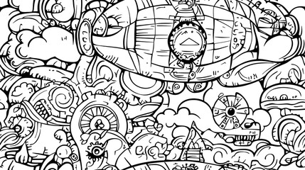 A steampunk adventure-themed seamless pattern, illustrating steam-powered airships, pocket watches, gears, and brass compasses interspersed with mechanical wings and goggles.