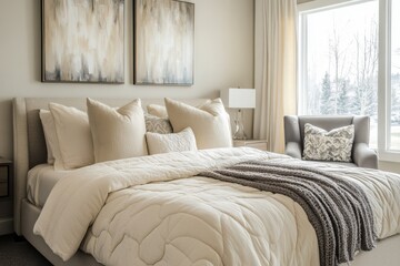 A beautifully decorated modern bedroom with neutral tones, featuring a large bed with layered