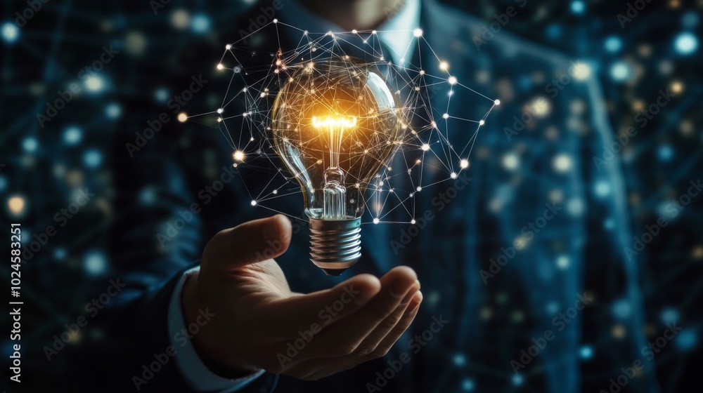Poster A person in a suit holds a glowing light bulb, symbolizing innovation and ideas, surrounded by a digital network of shimmering particles.