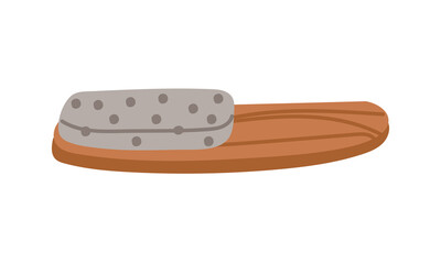 Pumice stone for heels with a wooden handle. Cosmetic device after steaming in the bathroom, steam room, sauna, spa. tool for pedicure and removal of rough skin the feet. Isolated vector illustration