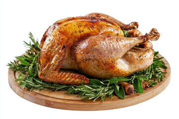 A beautifully golden-brown roast turkey rests on a wooden platter, surrounded by fresh green