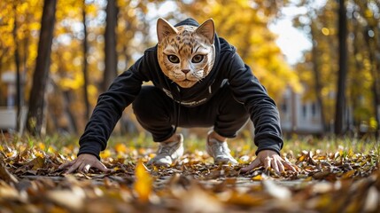 Boy in a cat mask squats in the autumn forest. Quadrobics sport, all fours activity and quads subculture concept. Lifestyle shot for poster, demonstration