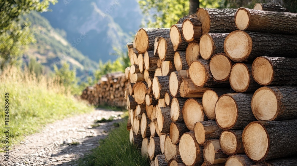 Poster stacked log trunks in a logging area, capturing the essence of the timber industry with rustic and n