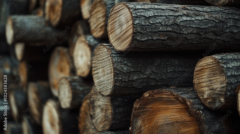 Poster stacked log trunks in a logging area, capturing the essence of the timber industry with rustic and n