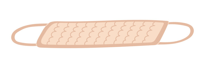 Beige double-sided washcloth with long handles for the body. A personal hygiene product. Vector flat illustration, highlighted on a white background, for advertising, store catalog, decoration loofah