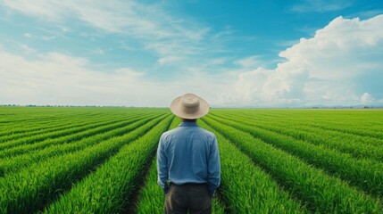 Fototapeta premium A farmer gazes over lush green rice fields under a bright sky, embodying the essence of agricultural life and tranquility.
