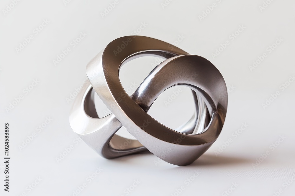 Poster an elegant metallic sculpture featuring interlocking loops on a smooth white background illuminated 