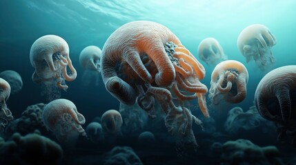 A group of surreal jellyfish-like creatures with intricate textures and tentacles, floating in an underwater environment with a luminous blue-green background.