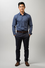 Fototapeta premium Smiling man in a blue color formal outfit standing in a studio