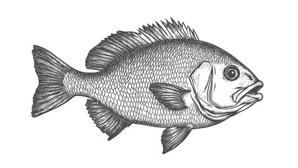 Fish sketch dorado gilt-head bream. Vintage retro print, black white gilt-head bream fish sketch ink pencil style drawing, linear drawing, engrave old school. Sketch artwork dorado fish. Illustration
