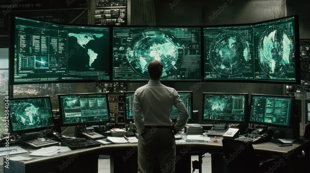 Aufkleber Man Standing in Front of Multiple Computer Screens with Green Data Displays in a Dark Room