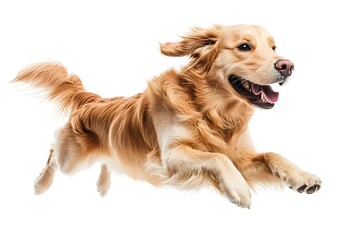 Playful Golden Retriever dog mid-jump with ears flying back, captured in a dynamic action shot against a white background