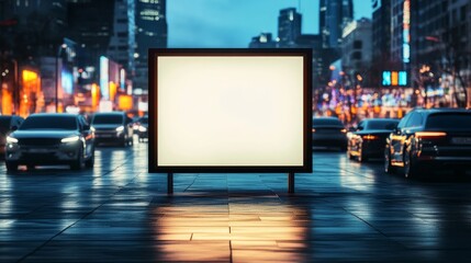 Empty Billboard Mockup On City Street In Evening With Car Traffic. Urban Advertising, 3D Rendering.