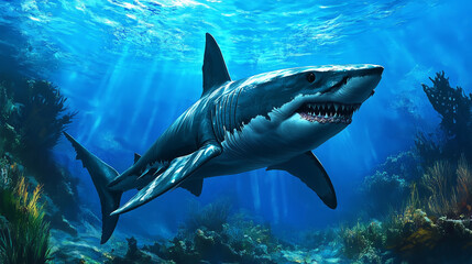Fototapeta premium A great white shark swims through blue water, its sharp teeth visible.