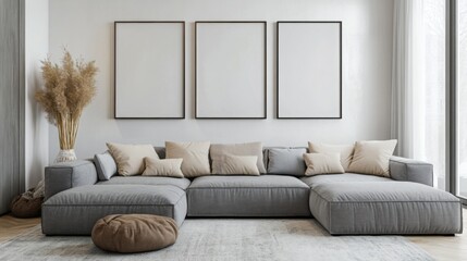 A stylish, minimalist living room featuring a gray sectional sofa, neutral cushions, a cozy pouf, and empty frames on the wall, creating a serene atmosphere.