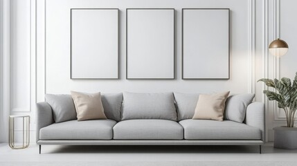 Fototapeta premium A cozy, modern living space featuring a light grey sofa, empty frames for artwork, and minimalist decor, exuding tranquility and style.