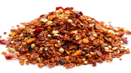The pile of a crushed red pepper, dried chili flakes and seeds isolated on white background,Small pile of crushed red pepper seasonings on a white background

