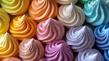 Whimsical and colorful meringues piled together, showcasing a rainbow of hues, perfect for a dessert table or sweet treat display.