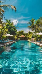 Villa pool with clear blue water, surrounded by lush tropical garden sun beds for relaxation.