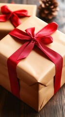 Obraz premium Beautifully wrapped gift box with a red ribbon, perfect for celebrations, holidays, or special occasions.