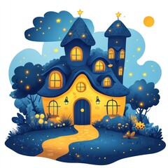 Magical Nighttime Cottage Illustration with Stars and Moon