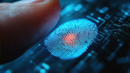 Exploring biometric technology with a glowing fingerprint scanner in a modern digital environment