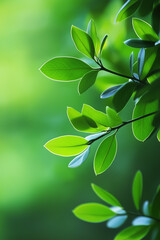 Green leaves on a branch on green background