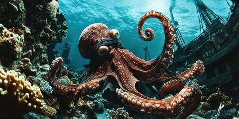 Octopus near sunken ship in coral reef.