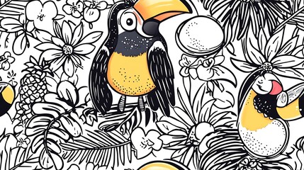 Naklejka premium An enchanting tropical paradise pattern, featuring a variety of tropical birds like parrots and toucans, pineapples, and coconuts interspersed with lush palm fronds and flowers.