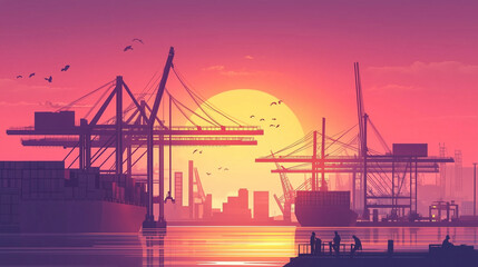 Obraz premium Port in sunset colors. Cranes are loading containers while workers coordinate operations. The atmosphere conveys teamwork and eff.
