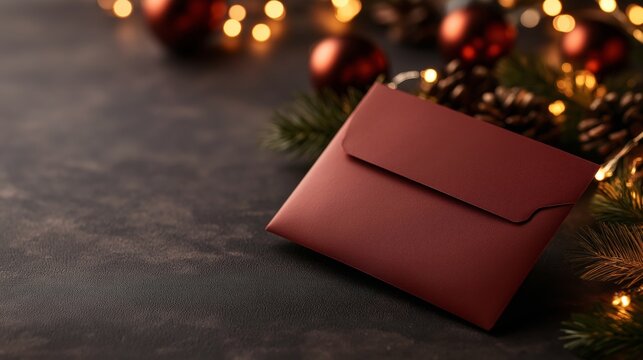 A red envelope placed on a dark surface, surrounded by holiday decorations like pine branches, pinecones, and warm bokeh lights, evoking a festive and elegant atmosphere