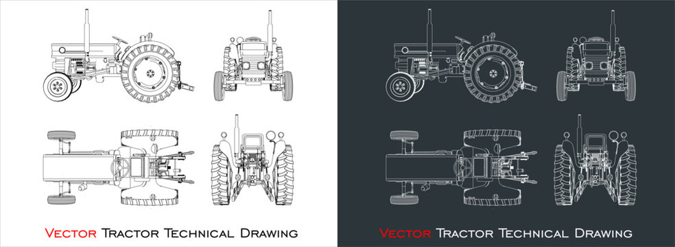vector tractor from top, side, back and front view. technical line drawing blueprint on transparent background