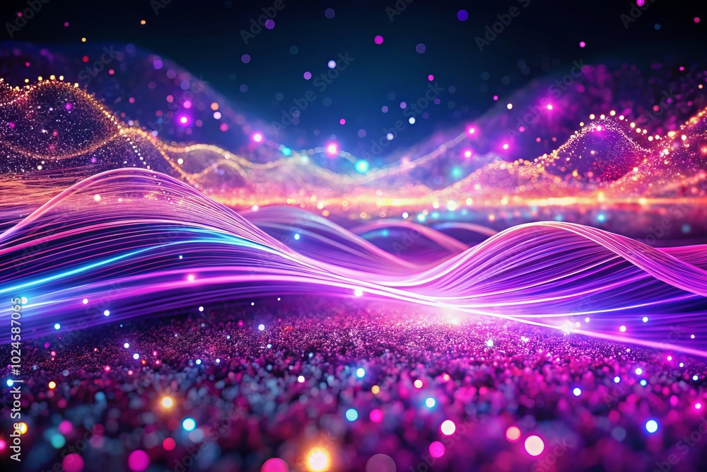 Poster abstract neon wave particles in purple and pink - dynamic data flow background for cyber technology