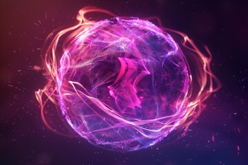 An abstract depiction of a neon energy sphere composed of particles and waves, glowing magically