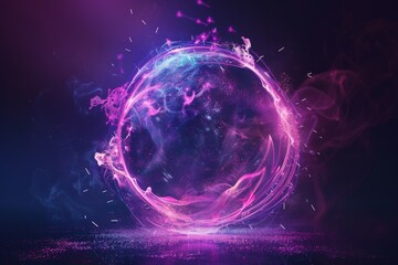 An abstract depiction of a neon energy sphere composed of particles and waves, glowing magically
