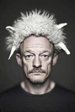 A man wearing a quirky wig stands against a plain background, his facial expression showcasing a blend of playfulness, individuality, and artistic eccentricity.