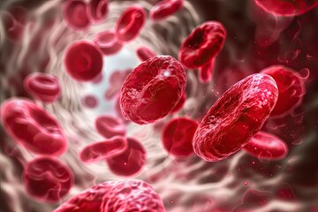 Fototapeta premium Close-up of red blood cells flowing through a narrow vessel, illuminated by soft light