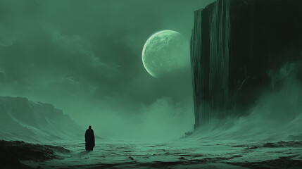 Fototapeta premium dark fantasy landscape, the ground is covered in white sand and there's an emerald green moon floating above 