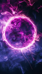 An abstract neon energy sphere composed of dynamic particles and waves, radiating a magical glow