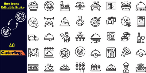 Fork, spoon, knife, plate, chef hat, and cloche or tray icon. 