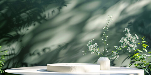 3d rendering of round pedestal and plants on green background in the style of flowing fabrics
