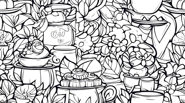 An intricate doodle pattern of a charming tea party scene, featuring vintage teapots, floral-decorated cups, and trays of scones and cakes, surrounded by leaves and flowers.