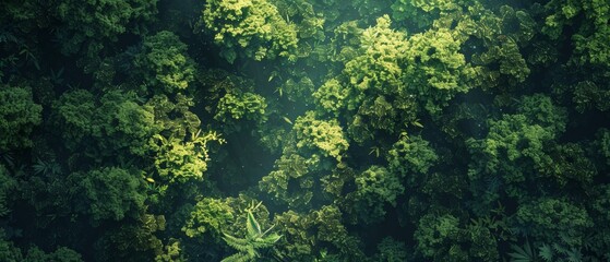 This aerial view showcases a dense and verdant forest, beautifully illustrated through AI