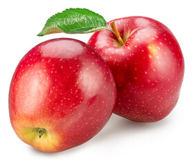 RRipe red apples with green apple leaves on white background. File contains clipping path.