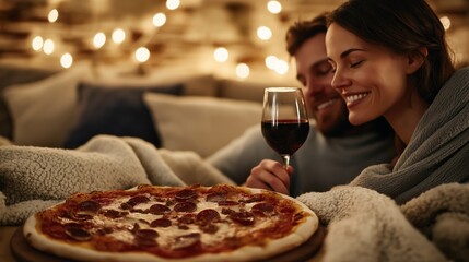 A romantic and cozy evening with a couple enjoying a pepperoni pizza and red wine, wrapped in blankets with warm lights in the background, creating a relaxed and intimate atmosphere